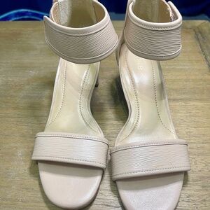 Nurture Open toe pump sandals beige, tan, leather, 2in heel Velcro ankle strap